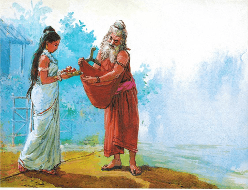 Sita waiting in the forest, trembling with fear, as Rāvan approaches, illustrating courage, moral clarity, and ethical decision making from the Ramayana.