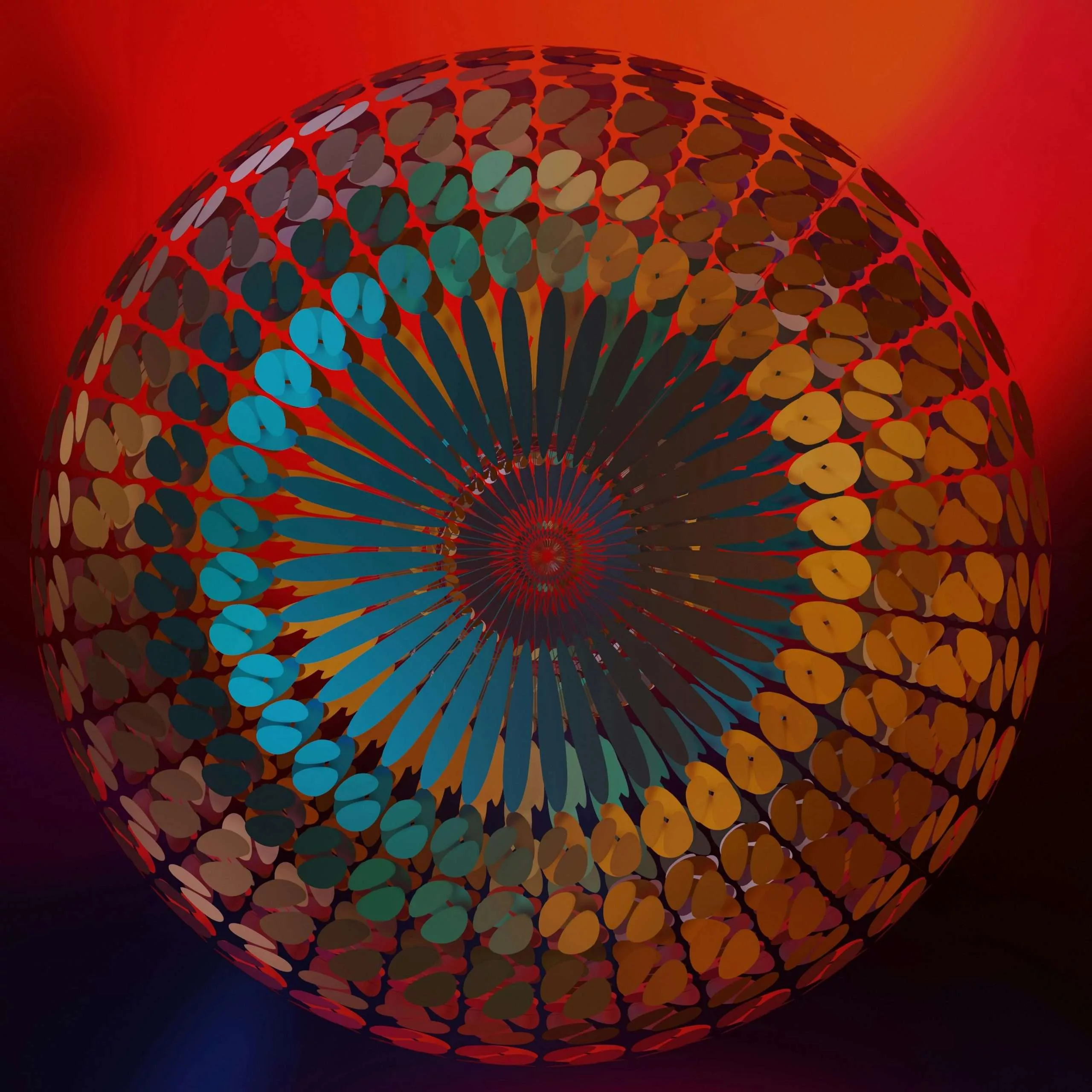 A vibrant, circular digital artwork featuring a spiral pattern with bold colors and abstract elements.
